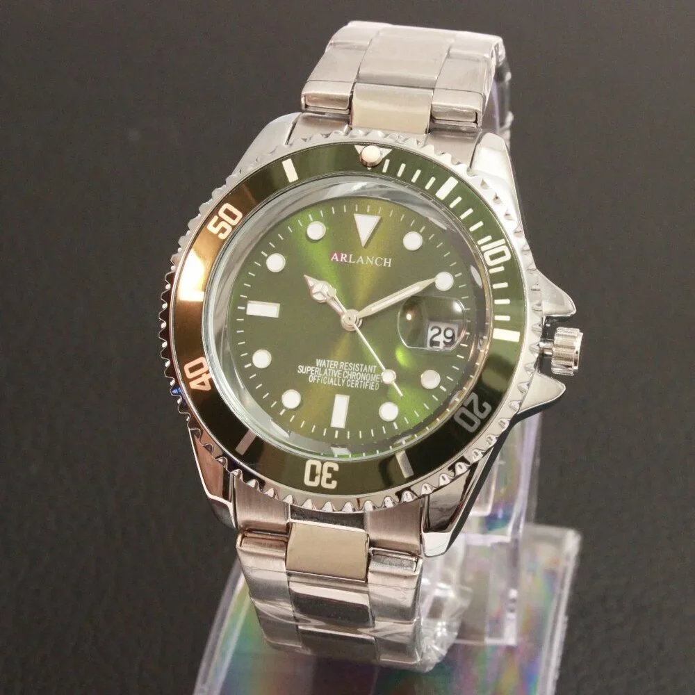 Men's Diver Style Watch Green Uni-directional Bezel Stainless Bracelet 40mm